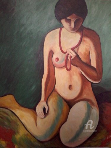 Painting titled "Femme au Collier de…" by Linda Kacer, Original Artwork, Oil