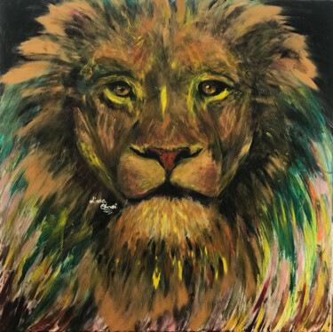 Schilderij getiteld "Lion" door Linda Omouri, Origineel Kunstwerk, Acryl Gemonteerd op Frame voor houten brancard