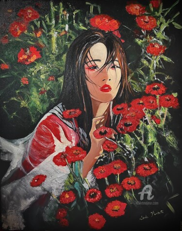 Peinture intitulée "Belle du Japon" par Linda Portelli, Œuvre d'art originale, Huile Monté sur Châssis en bois