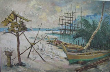 Painting titled "Beach, pigeons & fi…" by Linda Chen, Original Artwork