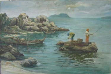 Painting titled "Fishing-BY THE LATE…" by Linda Chen, Original Artwork