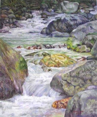 Painting titled "Waterfall - Ulu Yam" by Linda Chen, Original Artwork, Oil