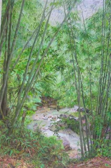 Painting titled "Bamboo Stream - Ulu…" by Linda Chen, Original Artwork, Oil