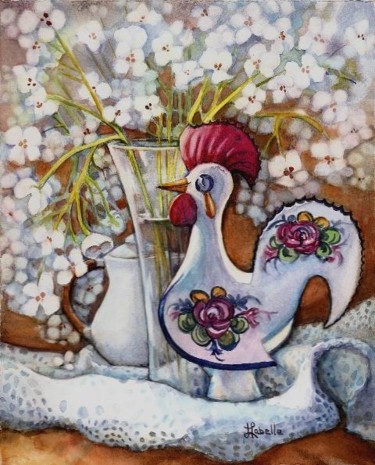 Painting titled "Fleurs et porcelaine" by Linda Labelle, Original Artwork, Watercolor
