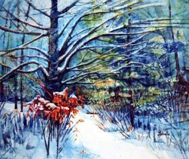 Peinture intitulée "Le sentier de neige" par Linda Labelle, Œuvre d'art originale, Aquarelle