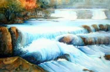 Peinture intitulée "Rivière en cascade" par Linda Labelle, Œuvre d'art originale, Aquarelle