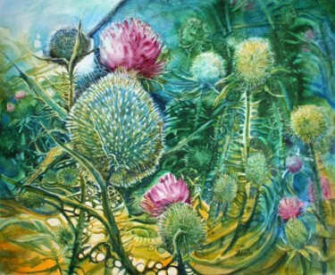 Peinture intitulée "fleurs des chardons" par Linda Labelle, Œuvre d'art originale, Aquarelle