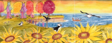 Malerei mit dem Titel "Chers macareux" von Linda Molloy, Original-Kunstwerk, Aquarell