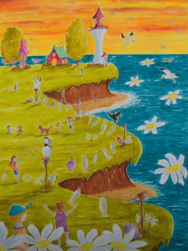 Pintura intitulada "C'est l'fun à Cap d…" por Linda Molloy, Obras de arte originais, Aquarela