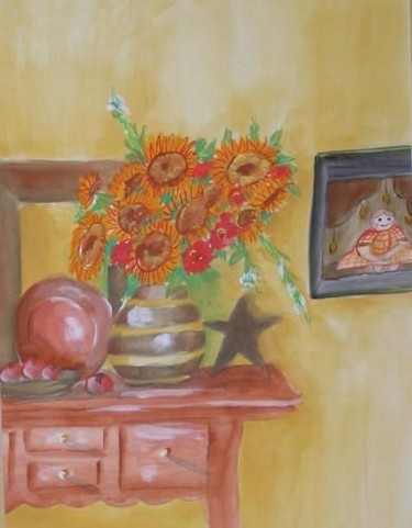 Painting titled "Antiques and Sunflo…" by Linda Quick, Original Artwork, Oil