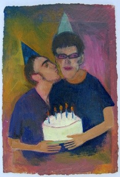 Malerei mit dem Titel "Birthday Kiss" von Linda Rosenfield, Original-Kunstwerk