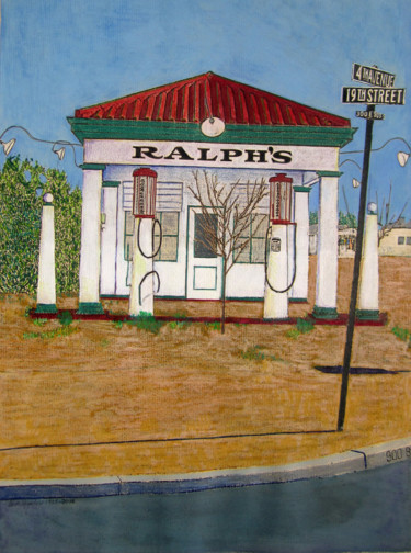 Peinture intitulée "Ralph's Gas Station" par Linda Rosenfield, Œuvre d'art originale