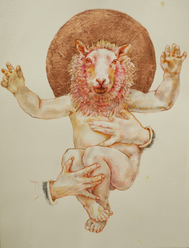Drawing titled "The Golden Sheep" by Linda Schneider, Original Artwork, Ink
