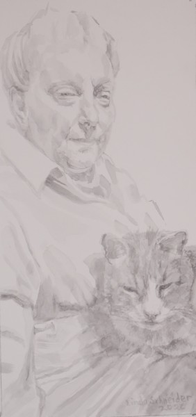 Drawing titled "Linda and her Cat" by Linda Schneider, Original Artwork, Graphite