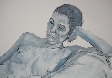 Dessin intitulée "Study in Blue" par Linda Schneider, Œuvre d'art originale, Aquarelle