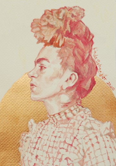 Drawing titled "Frida Kahlo in Red" by Linda Schneider, Original Artwork, Watercolor