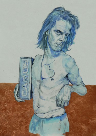 Drawing titled "Blue Nick Cave" by Linda Schneider, Original Artwork, Watercolor