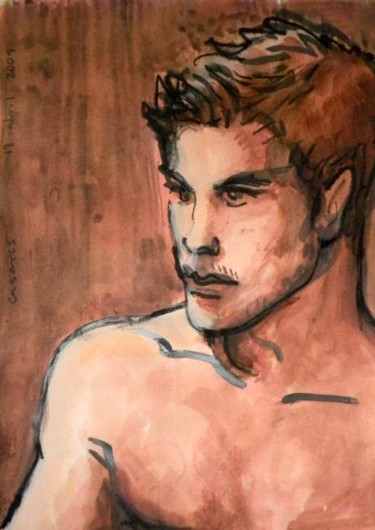 Painting titled "brown nude boy   (a…" by Linearion, Original Artwork, Oil