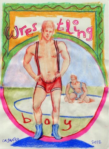 Painting titled "wrestling boy  (acr…" by Linearion, Original Artwork, Oil