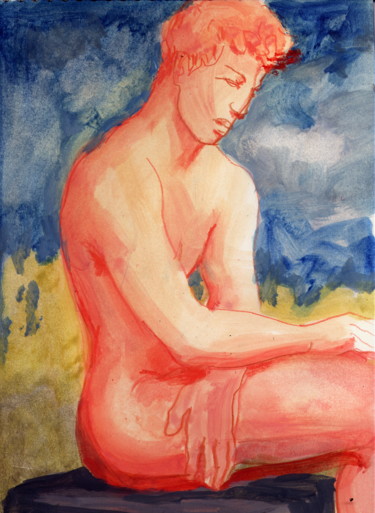 Painting titled "seated orange boy" by Linearion, Original Artwork, Oil