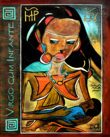 Schilderij getiteld "Virgo cum infante" door Line Bautista, Origineel Kunstwerk, Acryl