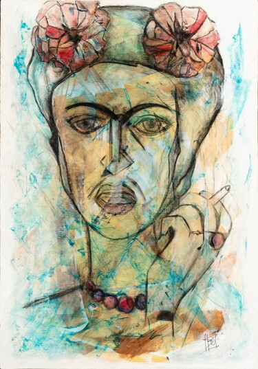 Painting titled "Frida fume" by Line Bautista, Original Artwork, Acrylic Mounted on Wood Panel