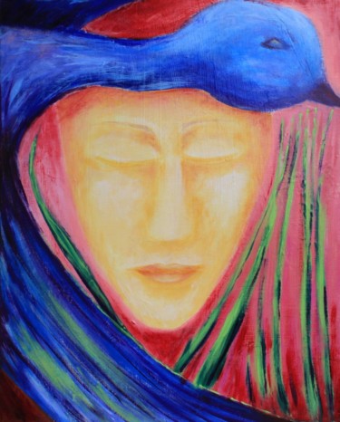Peinture intitulée "Femme à l'oie bleue" par Line Blouin, Œuvre d'art originale, Acrylique