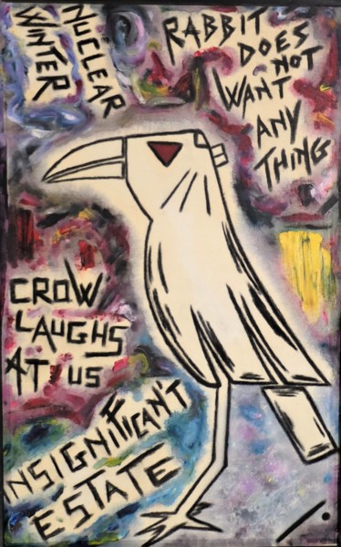 Painting titled "CrowRabbit" by Linedot, Original Artwork, Oil Mounted on Wood Panel