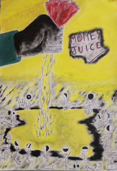 Painting titled "Money Juice" by Linedot, Original Artwork, Acrylic Mounted on Wood Panel