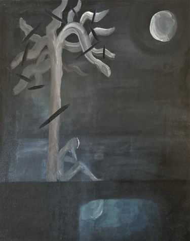 Painting titled "the Moon, the Tree,…" by Linedot, Original Artwork, Oil