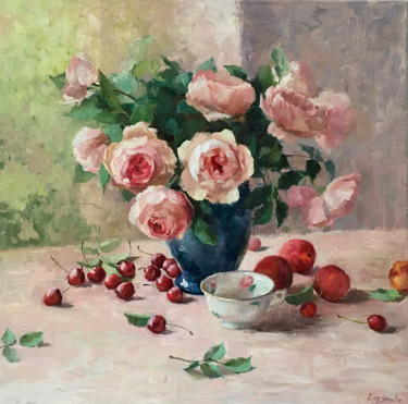 Painting titled "austin-roses-with-s…" by Ling Strube, Original Artwork, Oil