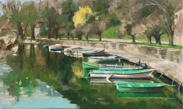 Картина под названием "A Small Harbour in…" - Ling Strube, Подлинное произведение искусства, Масло