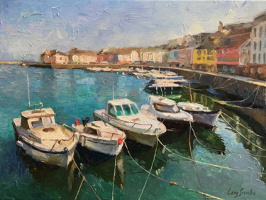 Painting titled "boats-in-belle-ile-…" by Ling Strube, Original Artwork, Oil