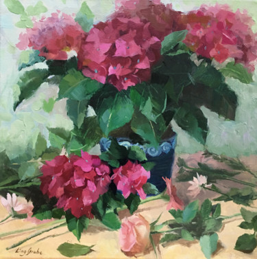 Painting titled "Red Hydrangea" by Ling Strube, Original Artwork, Oil Mounted on Wood Stretcher frame