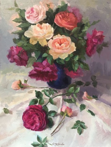 Peinture intitulée "Austin Roses" par Ling Strube, Œuvre d'art originale, Huile