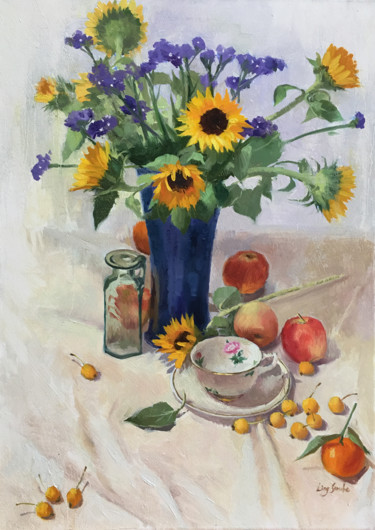 Painting titled "Still-life-With-Sun…" by Ling Strube, Original Artwork, Oil