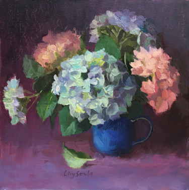 Painting titled "Hydrangeas-in-Vase" by Ling Strube, Original Artwork, Oil