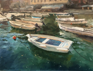 Schilderij getiteld "Boats in Portofino" door Ling Strube, Origineel Kunstwerk, Olie