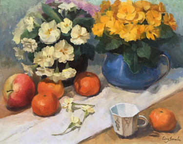 Painting titled "Primrose with still…" by Ling Strube, Original Artwork, Oil