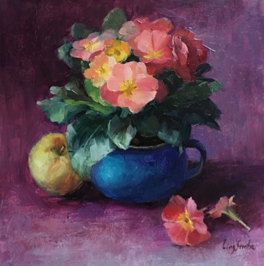 Painting titled "Primrose Still Life" by Ling Strube, Original Artwork, Oil