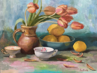 Painting titled "Still Life with Tul…" by Ling Strube, Original Artwork, Oil