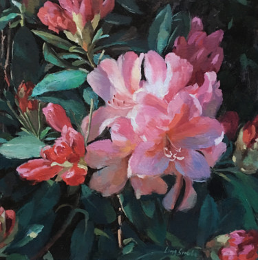 Painting titled "Rhododendron in Gar…" by Ling Strube, Original Artwork, Oil