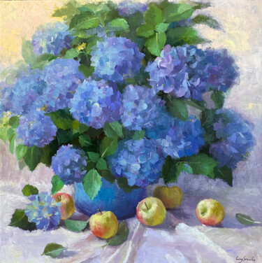Painting titled "Blue Hydrangeas wit…" by Ling Strube, Original Artwork, Oil