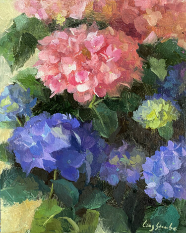 Painting titled "Hydrangea Garden #3" by Ling Strube, Original Artwork, Oil