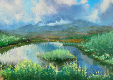 Malarstwo zatytułowany „Scotland Landscape…” autorstwa Ling Strube, Oryginalna praca, Olej Zamontowany na Drewniana rama nos…