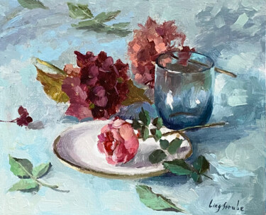 Peinture intitulée "Rose and Hydrangeas…" par Ling Strube, Œuvre d'art originale, Huile