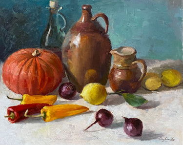 Painting titled "Kitchen Still Life…" by Ling Strube, Original Artwork, Oil