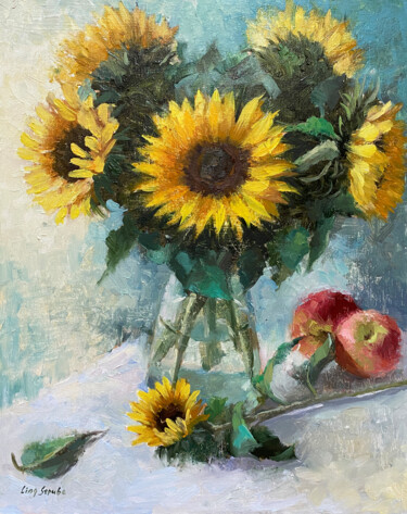 Painting titled "Sunflower Bouquet #5" by Ling Strube, Original Artwork, Oil Mounted on Other rigid panel