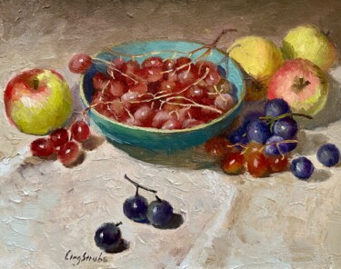 Painting titled "Apple and Grapes St…" by Ling Strube, Original Artwork, Oil Mounted on Other rigid panel