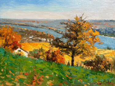Painting titled "Autumn on the Rhine" by Ling Strube, Original Artwork, Oil Mounted on Other rigid panel